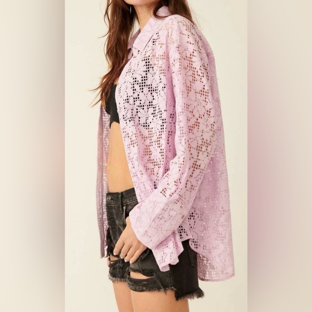 FREE PEOPLE in your dreams lace button down lavender XL oversized lace bohemian